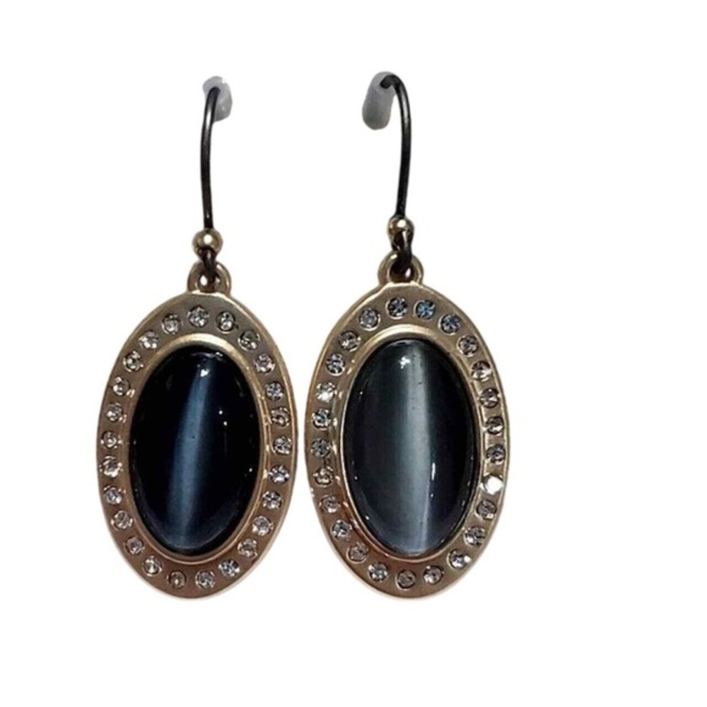 Lucky Brand Grey Cats Eye Oval Halo Crystal Gold Tone Drop Earrings Dangle New